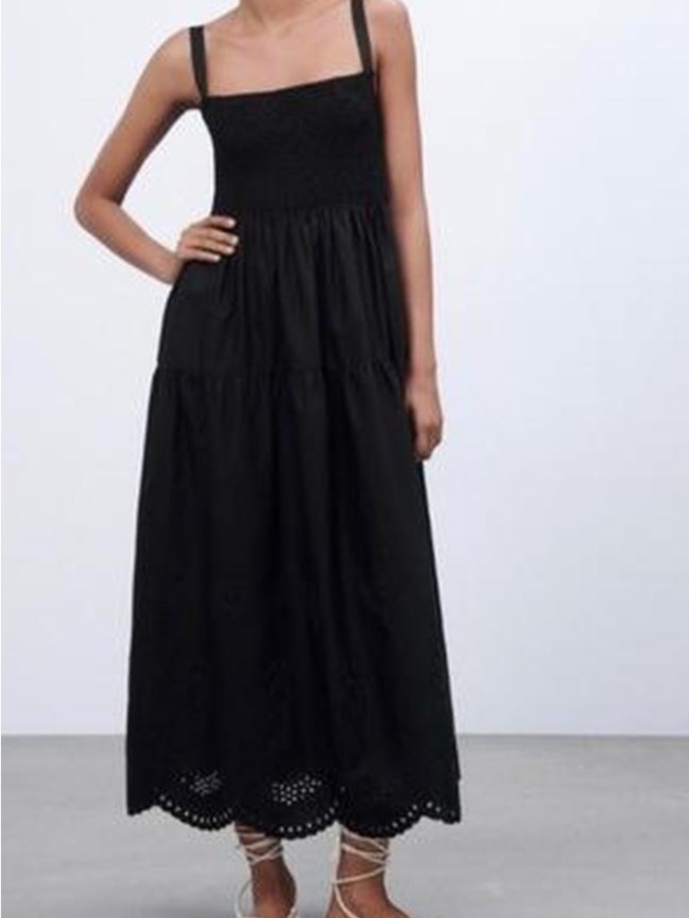 Zara poplin black smocked  tiered Midi dress with Eyelet Hem M